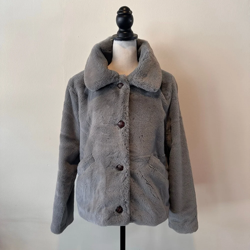 Fat Face (UK) Silver-Grey Faux Fur Jacket | Y2K Minimal Luxe Coat | US 8/ UK 12 - Picture 1 of 13